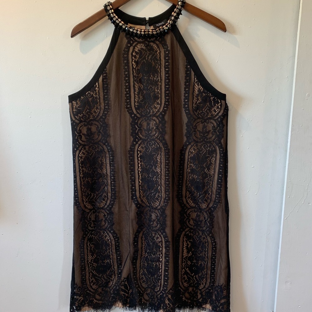 Champagne Dress with Black Lace Overlay